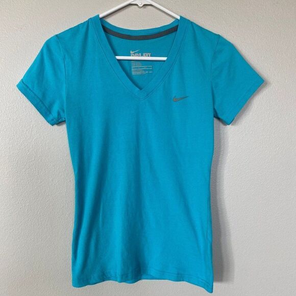 Nike V-Neck Teal Blue Activewear Dri-Fit Slim Fit Shirt, XS - Picture 6 of 6